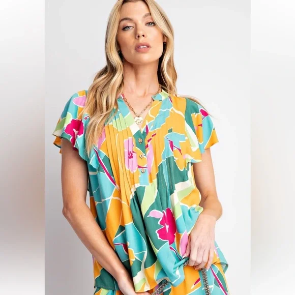 823 ❤️ EASEL FLORAL GEO PRINT CHALLIS PINTUCK FRONT TOP - Picture 1 of 4